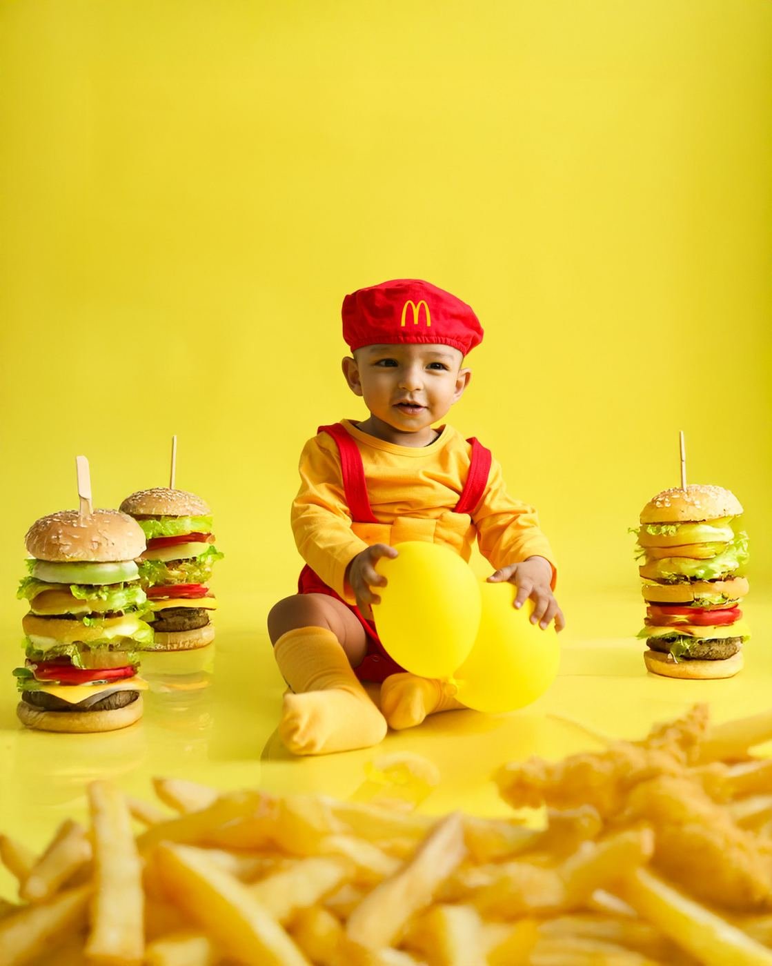 Baby in a red and yellow outfit on a bright yellow set