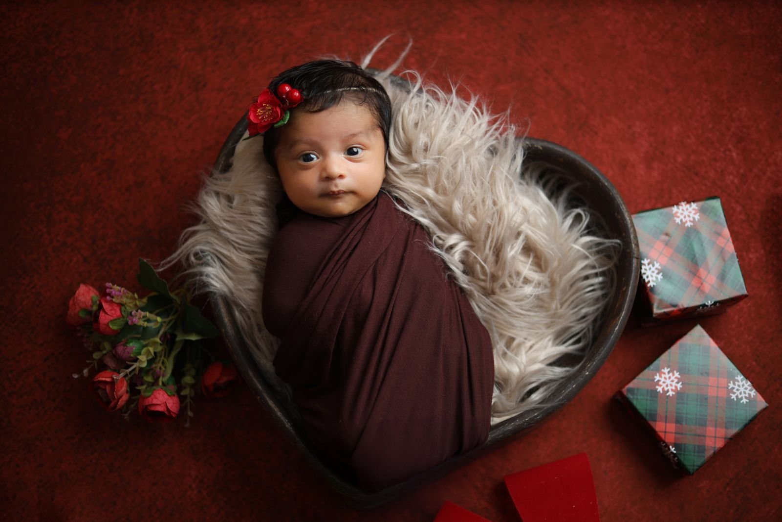 Newborn in a red heart setup